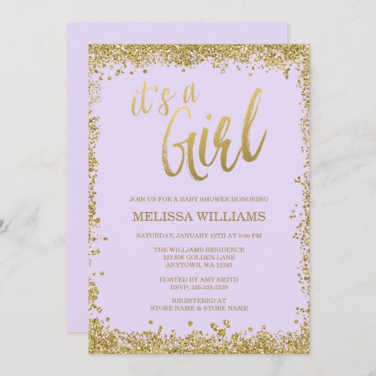 女の子薄紫パープルフェイク金ゴールドグリッターベビーシャワー 招待状 (正面/裏面)