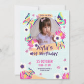 女の子蝶1歳の誕生日招待状 写真付き 招待状 (正面)