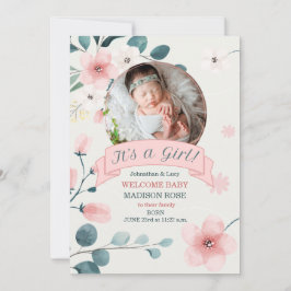 女の子誕生ティール（緑がかった色）と桃の花 案内状