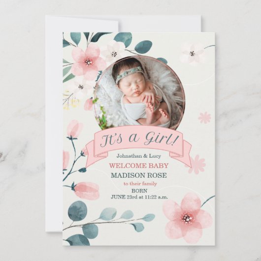 女の子誕生ティール（緑がかった色）と桃の花 案内状 (正面)