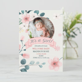 女の子誕生ティール(緑がかった色)と桃の花 案内状