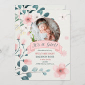 女の子誕生ティール(緑がかった色)と桃の花 案内状 (正面/裏面)
