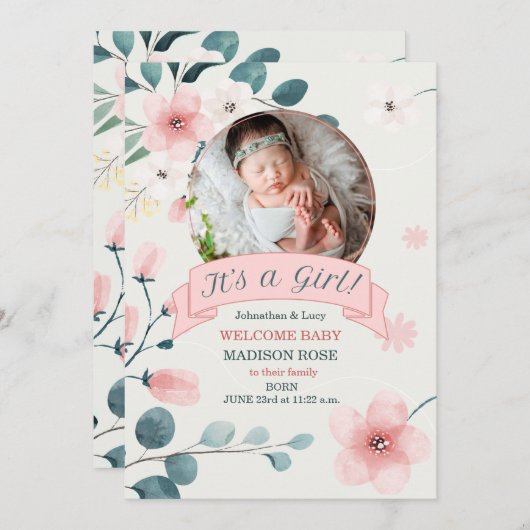 女の子誕生ティール（緑がかった色）と桃の花 案内状 (正面/裏面)