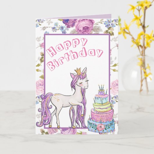 女の子誕生日ギフト金ゴールドユニコーンカスタムパーソナライズ カード (黄色い花)