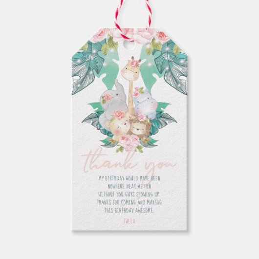 女の子誕生日ジャングル動物ありがとう ギフトタグ (正面)