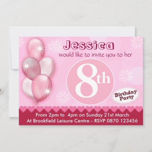 女の子誕生日招待状バルーン – 任意の年齢 招待状 (正面)