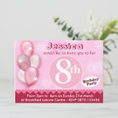 女の子誕生日招待状バルーン – 任意の年齢 招待状 (スタンド正面)