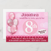 女の子誕生日招待状バルーン – 任意の年齢 招待状 (正面/裏面)