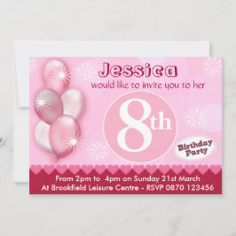 女の子誕生日招待状バルーン – 任意の年齢 招待状