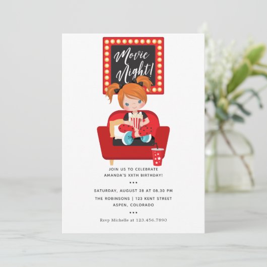 女の子誕生日映画ナイトスリープバーパーティー 招待状 (スタンド正面)
