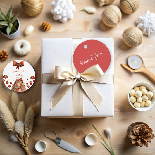 女の子誕生日水色ストロベリーレッドリボン フェイバータグ