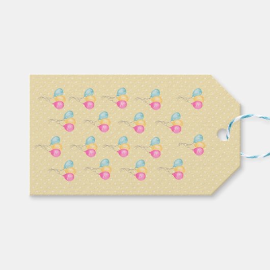 女の子誕生日黄色の水玉模様とバルーン ギフトタグ (正面(横))
