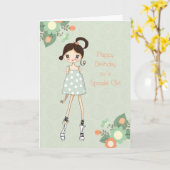 女の子誕生日，ブルネット，セージグリーンフローラ カード (黄色い花)