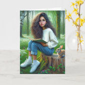 女の子読はウサギの本だ カード (黄色い花)