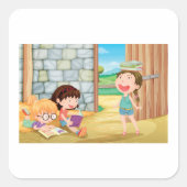 女の子読は納屋の四角いステッカーに入っている スクエアシール (正面)