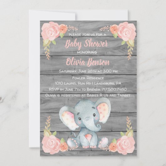 女の子象のベビーシャワーの招待状 招待状 (正面)