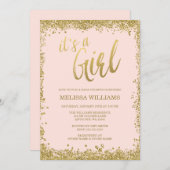 女の子赤面ピンクフェイク金ゴールドグリッターベビーシャワー 招待状 (正面/裏面)