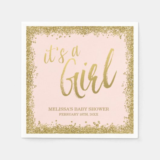 女の子赤面ピンク金ゴールドグリッターベビーシャワー スタンダードカクテルナプキン (正面)