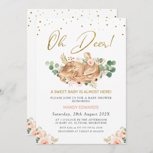 女の子赤面フローラオーディアディアディアファウンベビースシャワー 招待状 (正面/裏面)