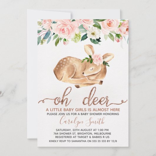 女の子赤面フローラオーディアベビーシャワー招待状 招待状 (正面)