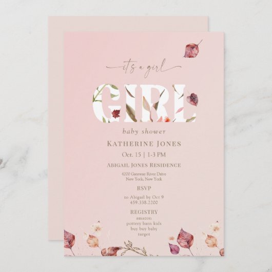 女の子赤面秋ベビーシャワー 招待状 (正面/裏面)