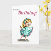 女の子踊りのティール(緑がかった色)ドレスハッピーバースデー カード (黄色い花)