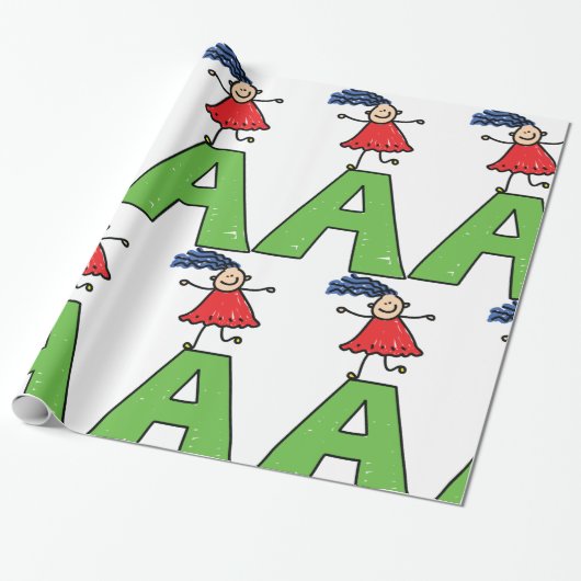 女の子踊りオン緑の文字Aおもしろいアルファベット ラッピングペーパー (アンロールド)