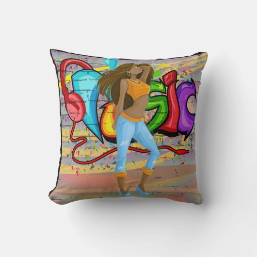 女の子踊りミュージックグラフィティウォールバックグラウンド2 クッション (正面)