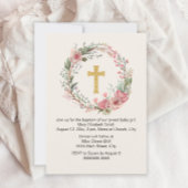 女の子金ゴールドクロスピンクフローラ宗教洗礼 招待状