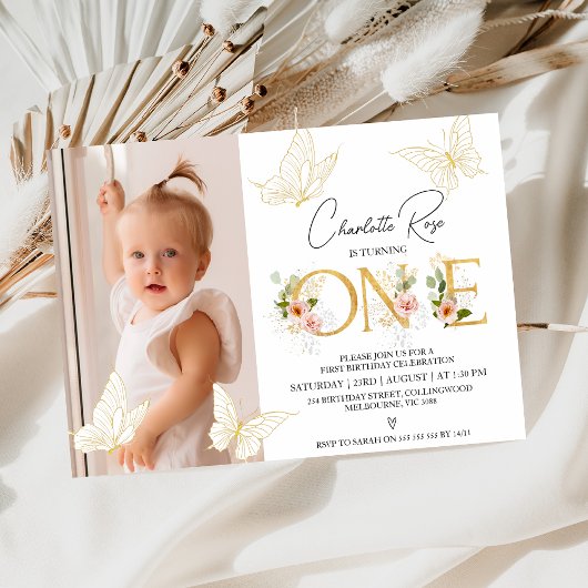 女の子金ゴールドピンク蝶フローラ1st誕生日 招待状