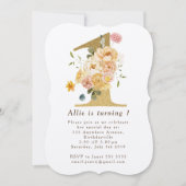 女の子金ゴールドフローラ1st誕生日パーティの招待状 招待状 (正面)