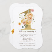 女の子金ゴールドフローラ1st誕生日パーティの招待状 招待状 (正面/裏面)