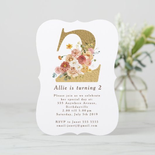 女の子金ゴールドフローラ2nd誕生日パーティの招待状 招待状 (スタンド正面)