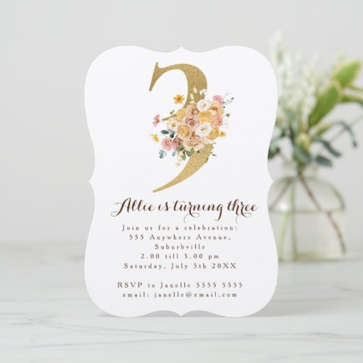 女の子金ゴールドフローラ3rd誕生日ナンバー3パーティー 招待状 (スタンド正面)