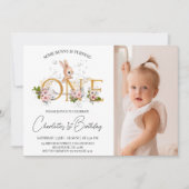 女の子金ゴールド単語フローラいくつかのバニー1st誕生日 招待状 (正面)