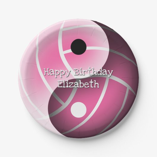 女の子陰陽バレーボールピンク任意の色の誕生日 ペーパープレート (正面)