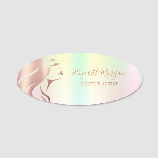 女の子顔シルエット，メイクアップアーティストホログラフィー 名札 (正面)