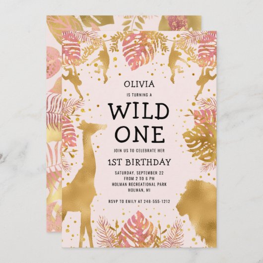 女の子1日ピンクジャングルサファリ 招待状 (正面/裏面)