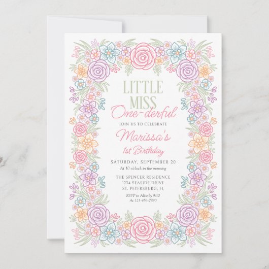 女の子1歳の恋しく思バースデーワンダーフルフローラ 招待状 (正面)