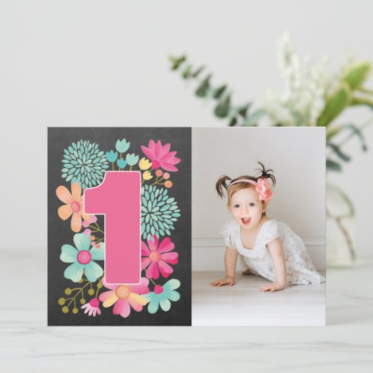 女の子1歳の誕生日かわいらし番号1写真招待状 招待状 (スタンド正面)