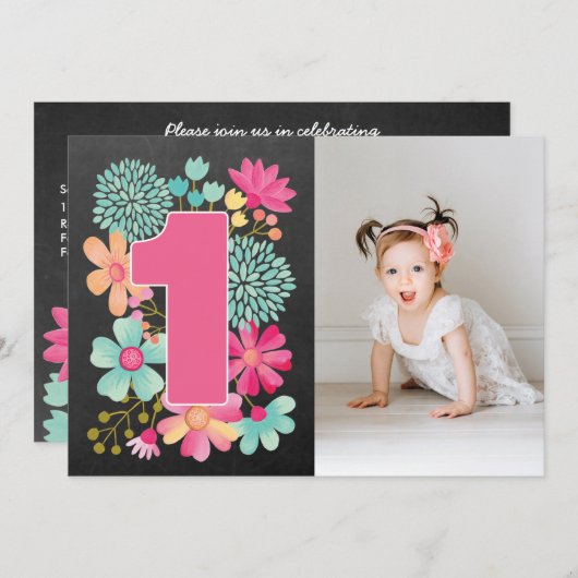 女の子1歳の誕生日かわいらし番号1写真招待状 招待状 (正面/裏面)