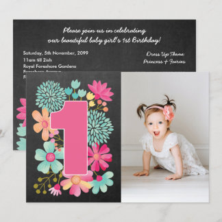 女の子1歳の誕生日かわいらし番号1写真招待状 招待状