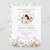 女の子1歳の誕生日を飾るバニーもいる 招待状 (正面/裏面)