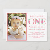 女の子1歳の誕生日パーティーピンク写真 招待状 (正面)