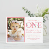 女の子1歳の誕生日パーティーピンク写真 招待状 (スタンド正面)