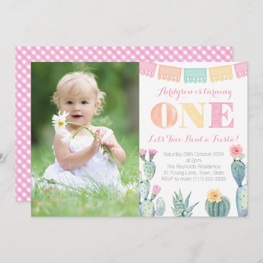 女の子1歳の誕生日パーティーメキシカンフィエスタ写真 招待状 (正面/裏面)