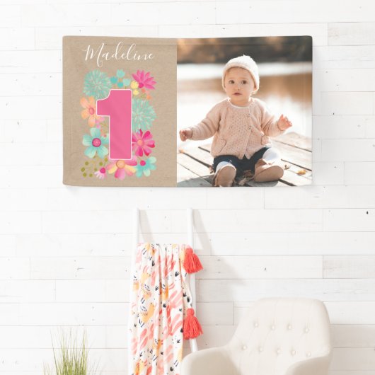 女の子1歳の誕生日パーティー番号写真パーティーバナー 横断幕