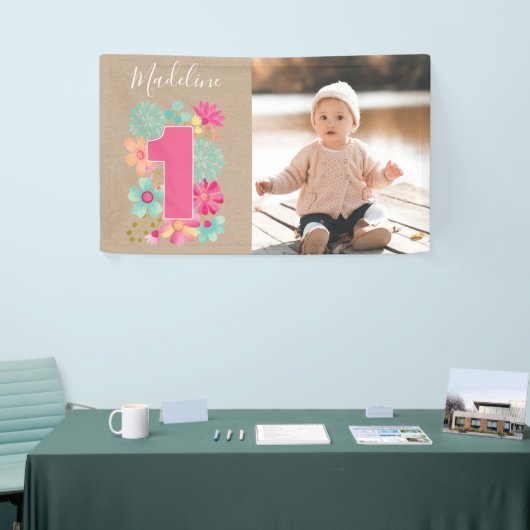 女の子1歳の誕生日パーティー番号写真パーティーバナー 横断幕 (トレードショー)