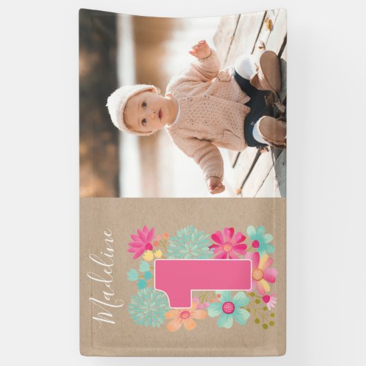 女の子1歳の誕生日パーティー番号写真パーティーバナー 横断幕 (縦)