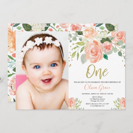 女の子1歳の誕生日ピーチ金ゴールド水色 招待状 (正面/裏面)